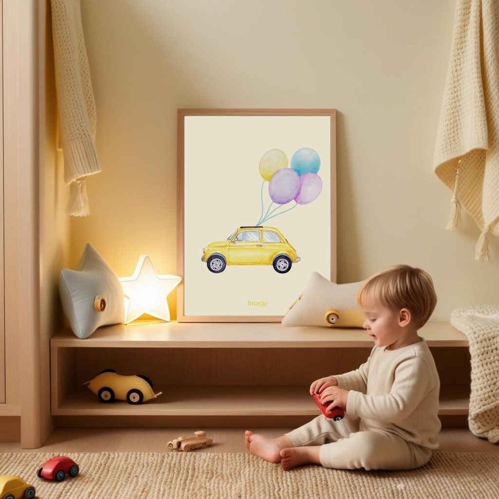 Yellow Car With Balloons Poster